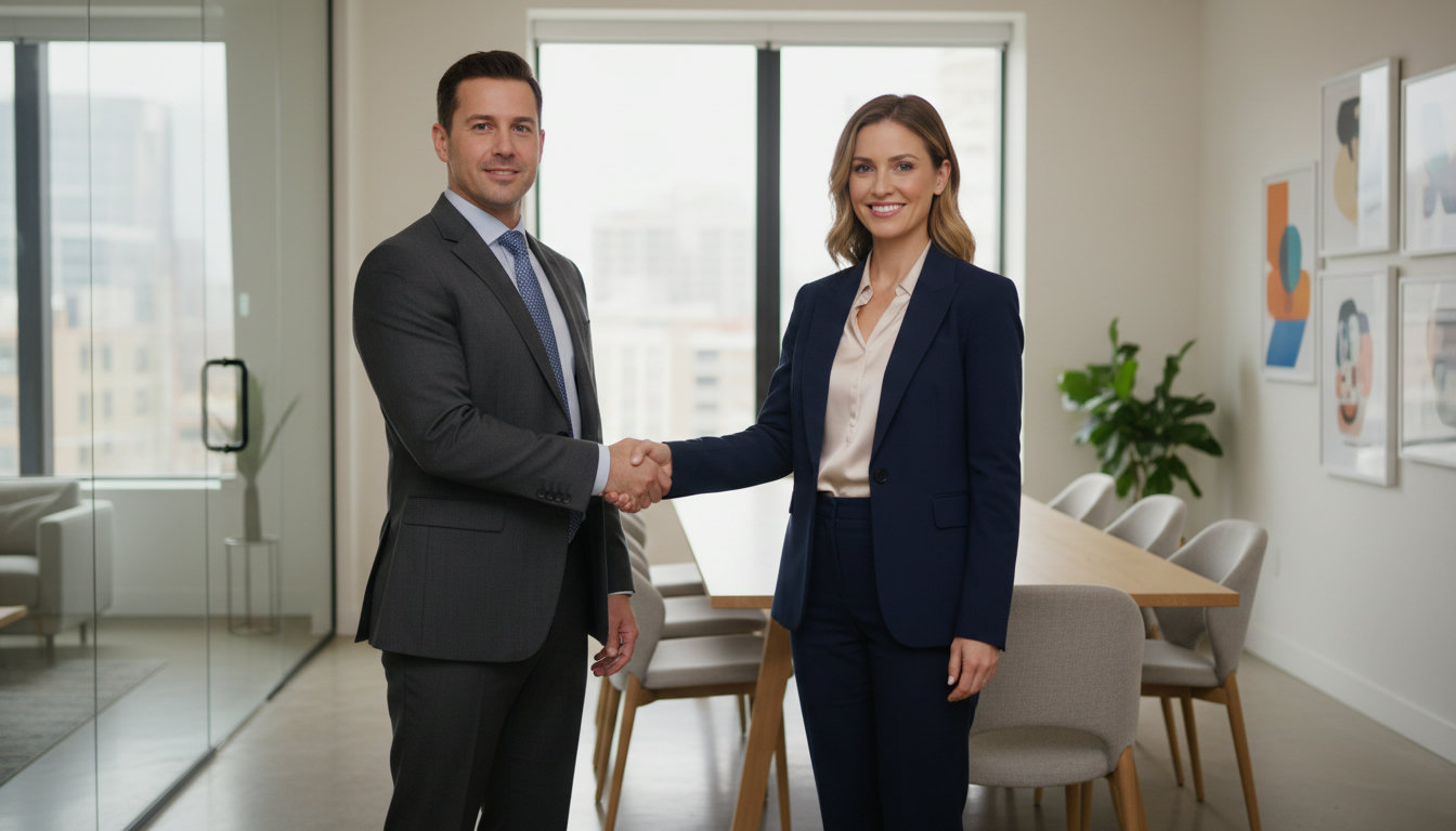 Strângere de mână profesională în cabinet avocat modern