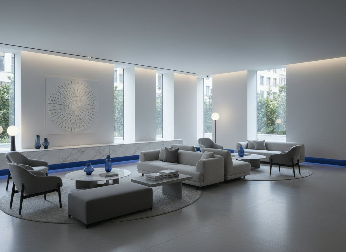 Luxury minimalist interior with elegant furniture and soft ambient lighting